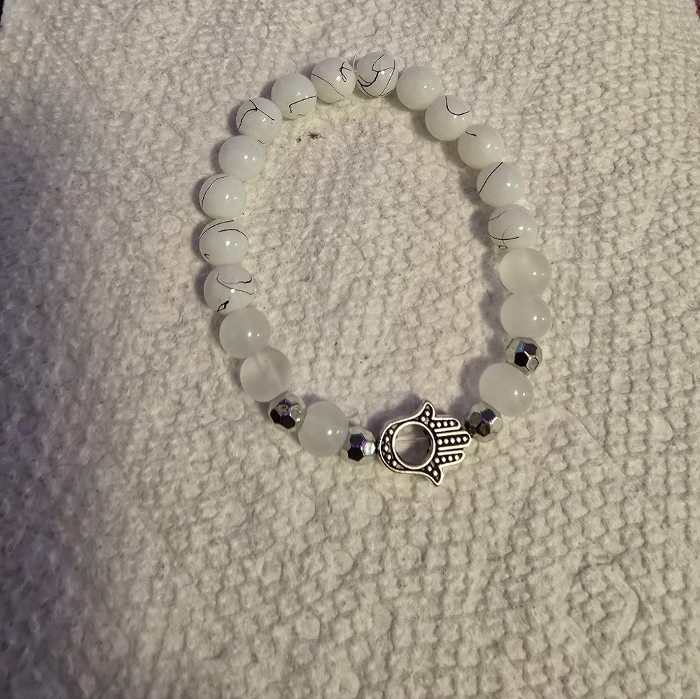 White Beaded Hamsa Stretch Bracelet